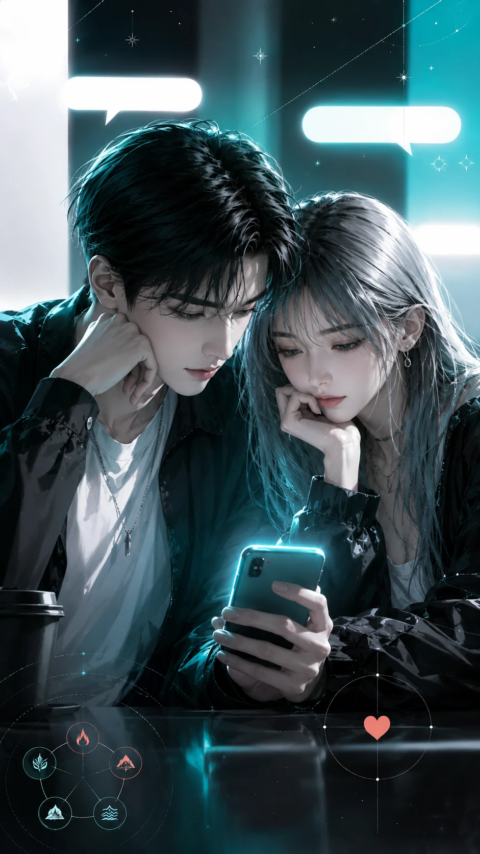 휴대폰 화면을 함께 보며 답장 리듬을 신경 쓰는 젊은 커플