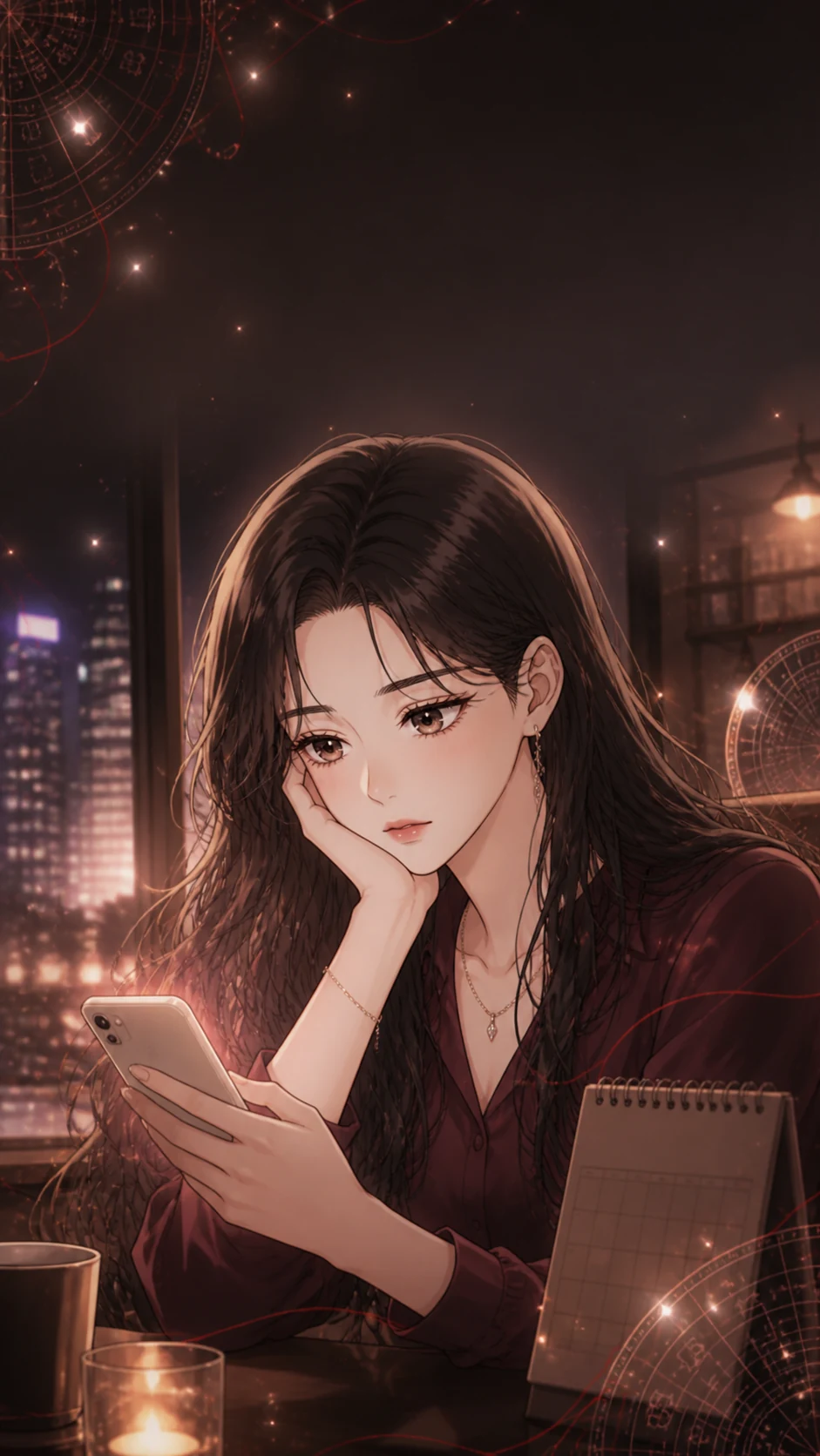 밤 카페에서 휴대폰을 보며 관계의 진심을 고민하는 여성